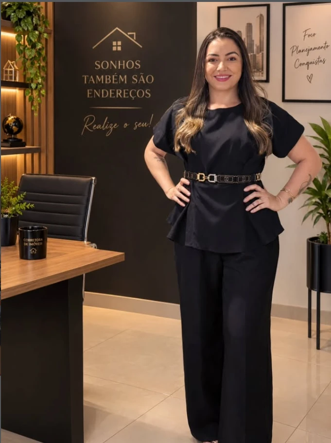 Alessandra Brum em pé no seu escritório, sorrindo, com as mãos na cintura, diante de uma parede escura com o letreiro Sonhos também são endereços.