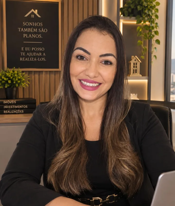 Alessandra Brum sorrindo, sentada em seu escritório